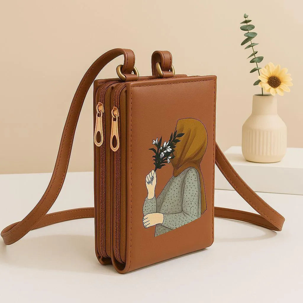 Girl’s Hijab Printed Crossbody Bag – Maroon Rexine Multipurpose Shoulder Bag