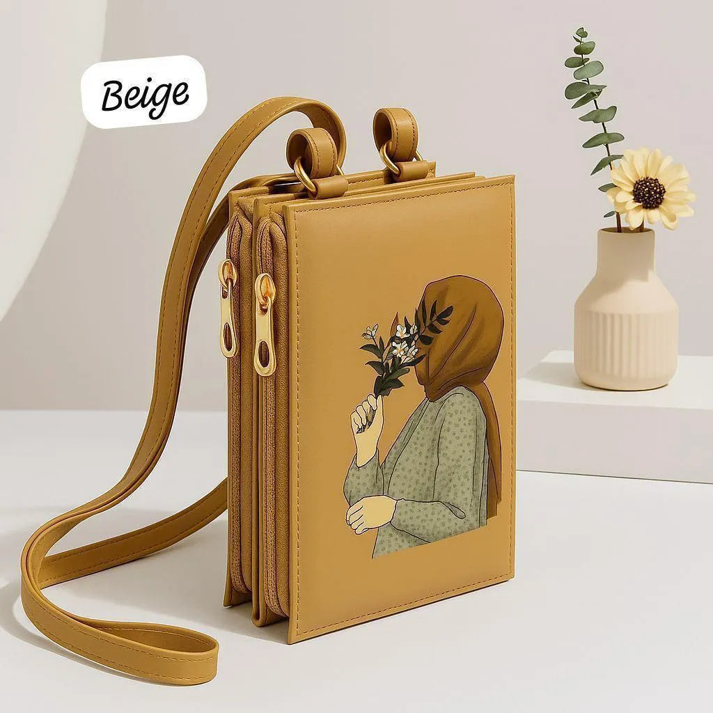 Girl’s Hijab Printed Crossbody Bag – Maroon Rexine Multipurpose Shoulder Bag
