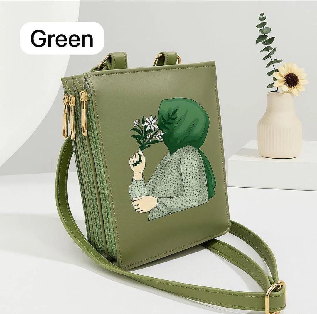 Girl’s Hijab Printed Crossbody Bag – Maroon Rexine Multipurpose Shoulder Bag
