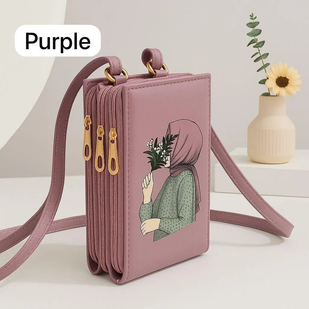 Girl’s Hijab Printed Crossbody Bag – Maroon Rexine Multipurpose Shoulder Bag