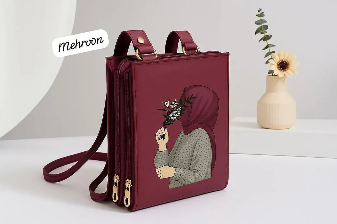 Girl’s Hijab Printed Crossbody Bag – Maroon Rexine Multipurpose Shoulder Bag