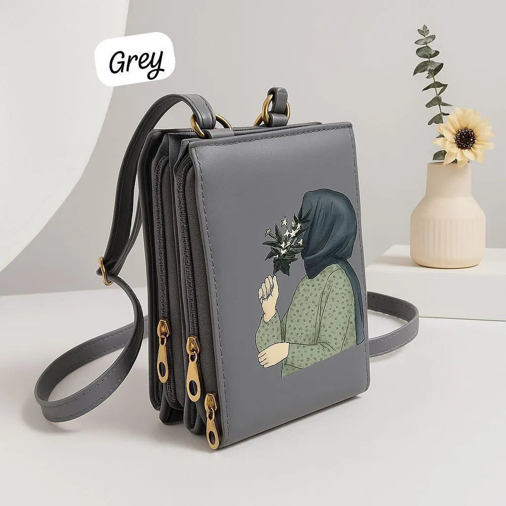 Girl’s Hijab Printed Crossbody Bag – Maroon Rexine Multipurpose Shoulder Bag