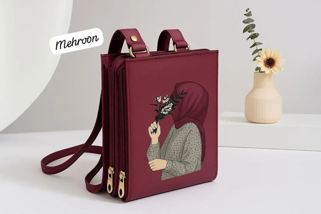 Girl’s Hijab Printed Crossbody Bag – Maroon Rexine Multipurpose Shoulder Bag