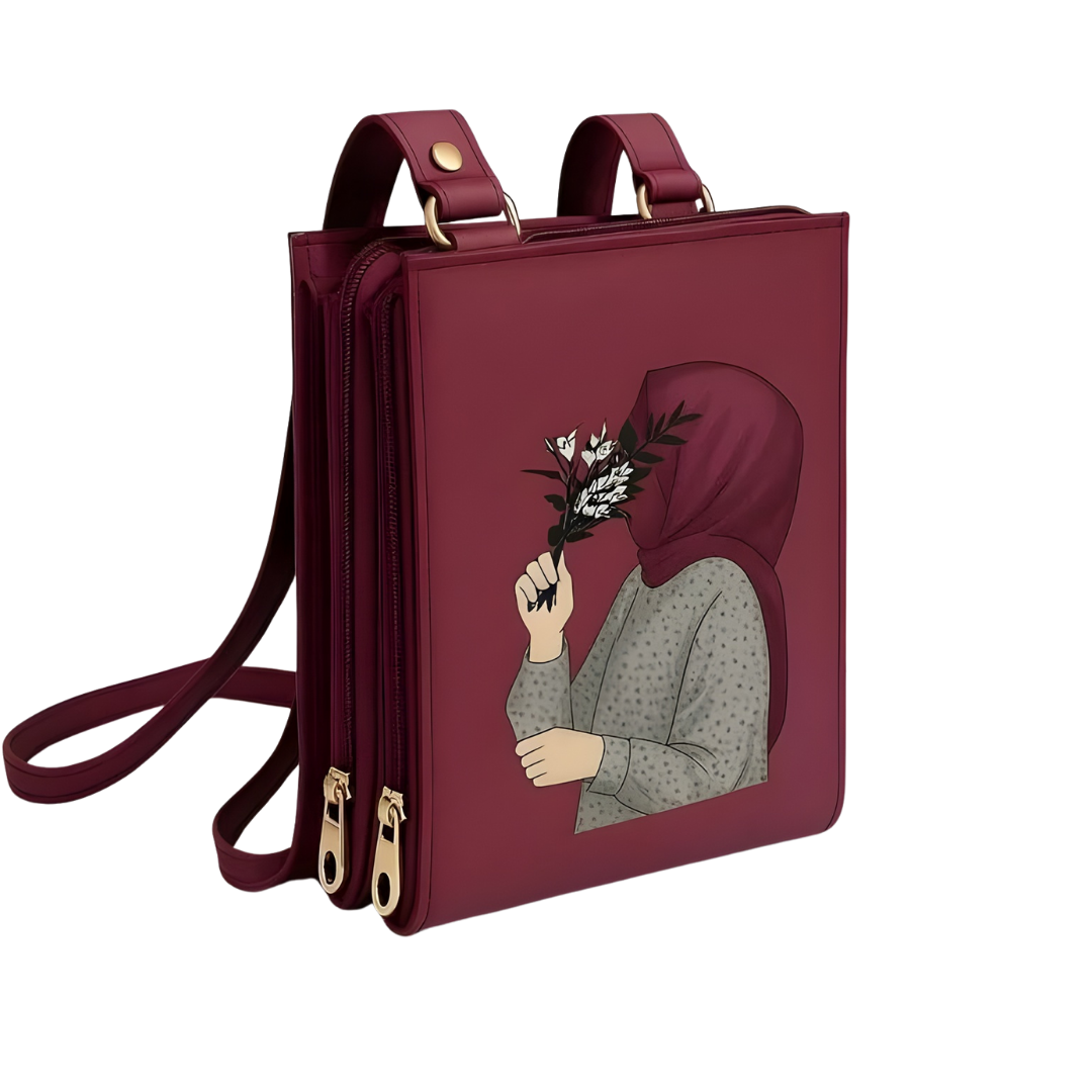 Girl’s Hijab Printed Crossbody Bag – Maroon Rexine Multipurpose Shoulder Bag